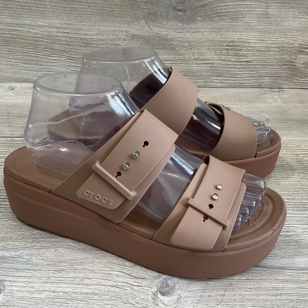 Crocs Lite Ride Beige Brooklyn Platform Sandals Mid Wedge Buckle Slide Women's 9 - Picture 15 of 15